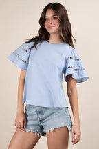 VERY J Top Ruffle Short Sleeve Lace Trim Sky Blue Blouse a4691dd394bf48ef9818851c9e9b783e-Max-Origin Trendsi