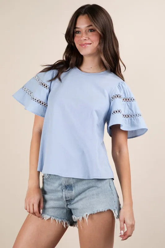 VERY J Top Ruffle Short Sleeve Lace Trim Sky Blue Blouse