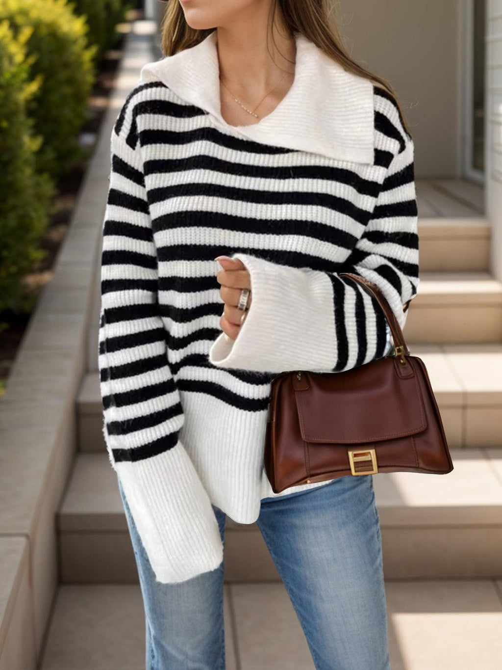 Striped Sweater Oversized Collared Neck Long Sleeve Stripe a469add5-75b9-46ee-8678-d396ec949382-Max Trendsi