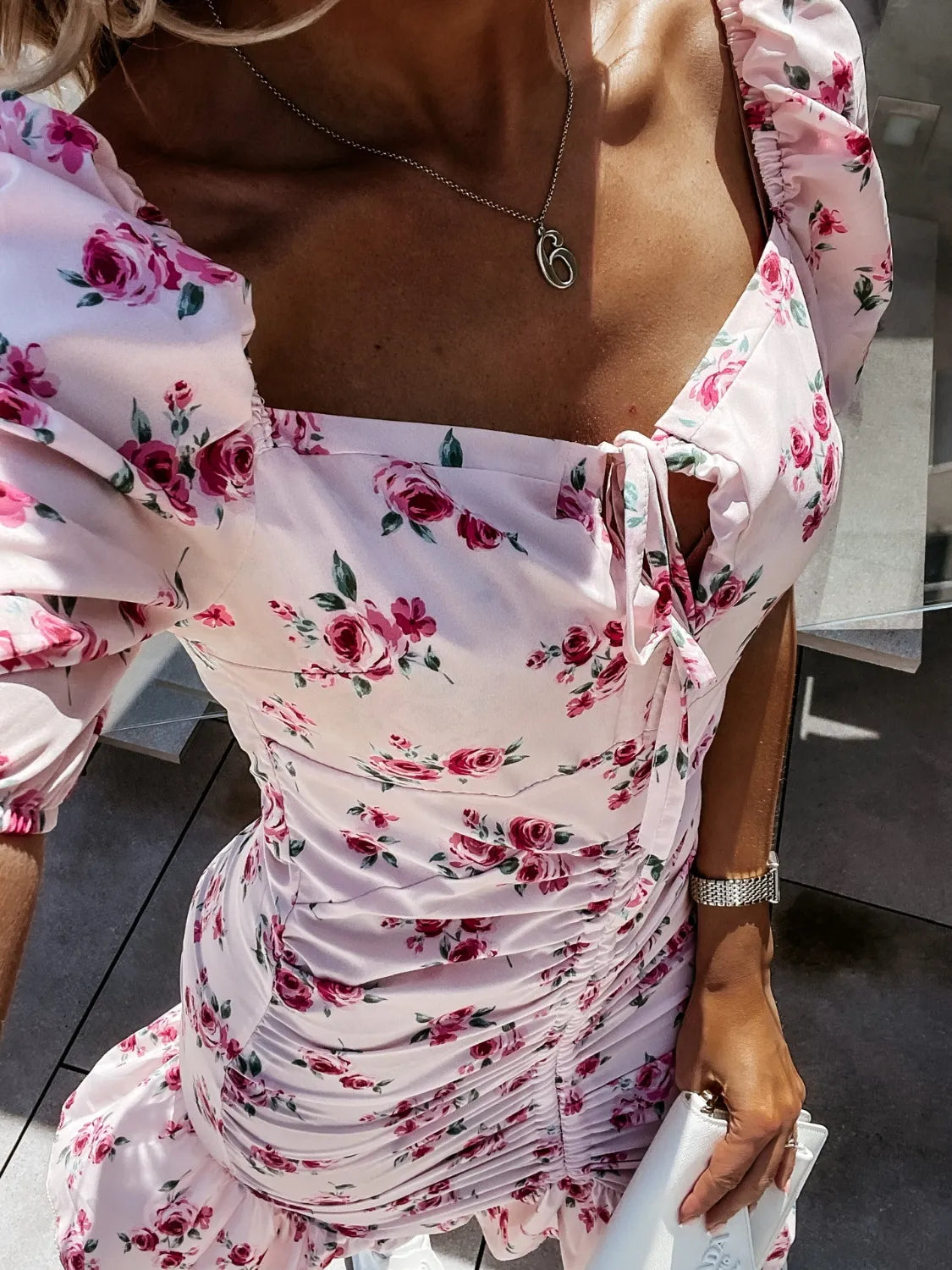 Floral Mini Dress Ruched Slim Sweetheart Drawstring Tied Neck Short Sleeve a4702151-08e6-4948-98bc-10b79f377cf7-Max-Origin Trendsi