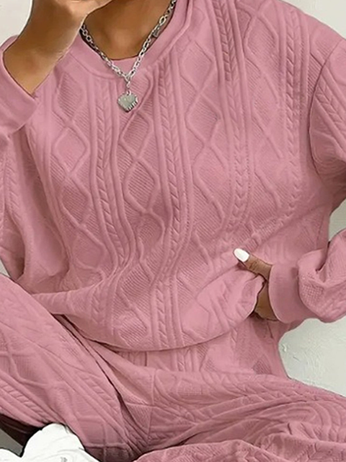 Women’s Set Sweatshirt Textured Diamond Long Sleeve Top And Pants 2 Pcs a47529cf-de0a-4eb2-a395-6c4ea8a43ddf-Max Trendsi