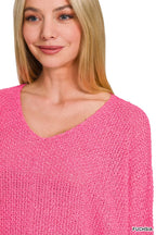 Zenana Womens Sweater Fucshia Pink Dolman Sleeve V-Neck Knit Top a478b8198023484ca05e927e04c74099-Max-Origin Trendsi