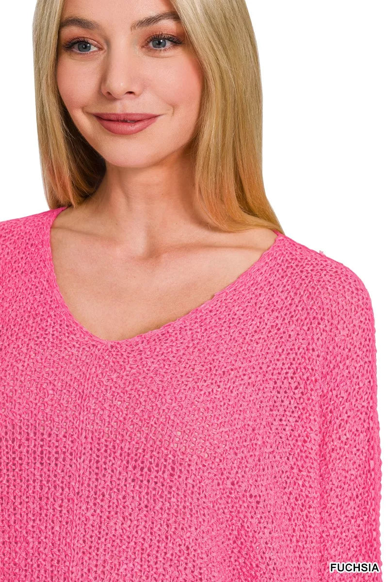 Zenana Womens Sweater Fucshia Pink Dolman Sleeve V-Neck Knit Top