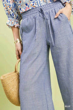Umgee Linen Blend Wide Leg Pants Blue Striped Drawstring Waist Trousers a47ceba5-1efc-4f40-a6b9-cf5161632eec-Max-Origin Trendsi