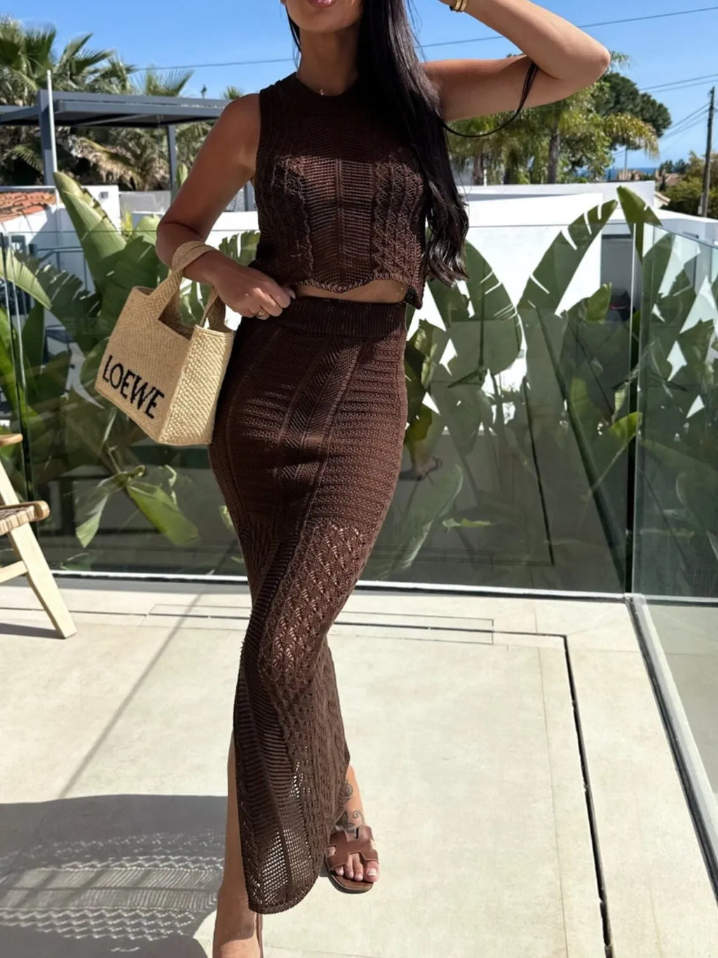Crop Top and Slit Skirt Outfit Set Openwork Knit Round Neck Summer 2 Pcs Dark Brown a4866723-013c-473b-bfe0-185b8f23327d-Max-Origin Trendsi