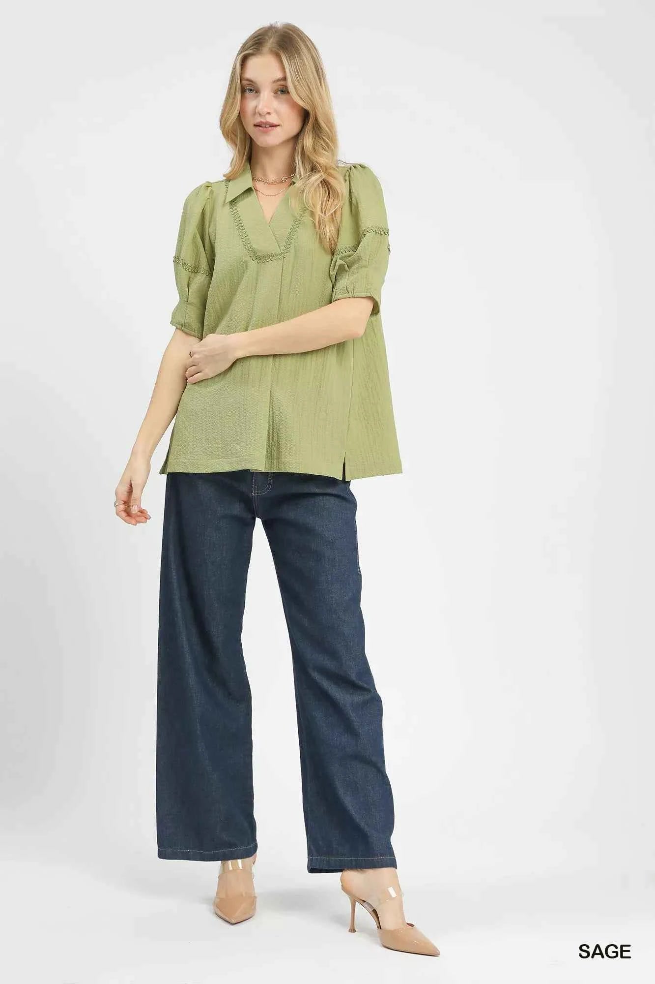 Umgee Blouse Sage Green Textured Puff Short Sleeve Top a48843e3-55b2-4fc3-9fcd-c137a090038d-Max-Origin Trendsi