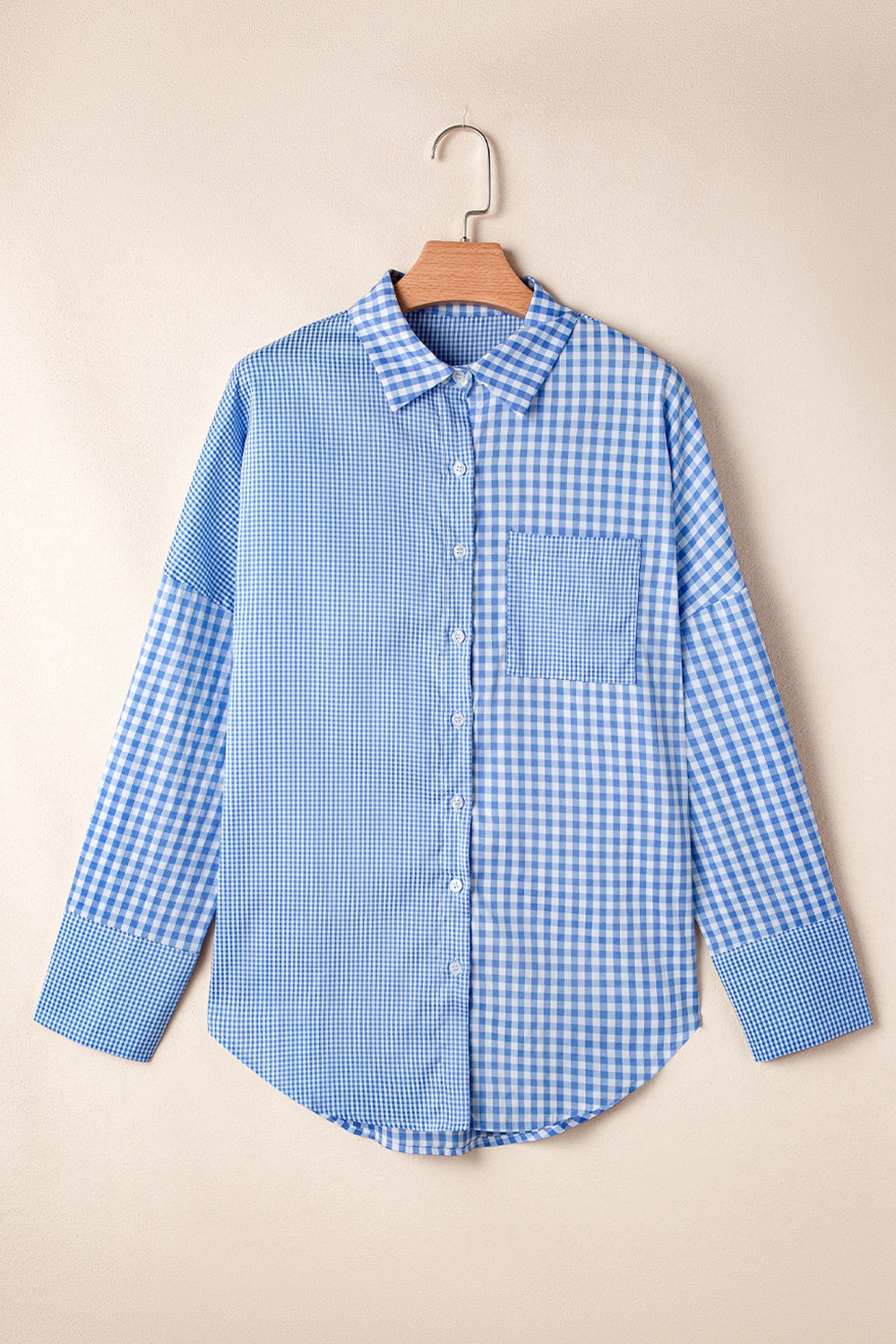 Women's Plaid Shirt Light Blue Button Up Long Sleeve Pocketed Tops a48bb3b5-7494-478f-adcf-27cb25d4cbd3-Max Trendsi