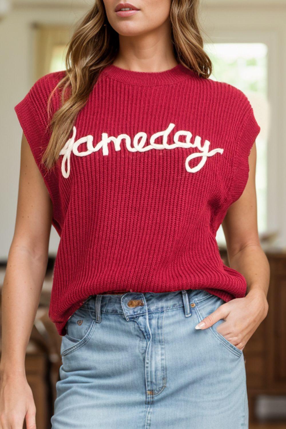 Burgundy Sweater Top GAME DAY Embroidered Round Neck Sleeveless