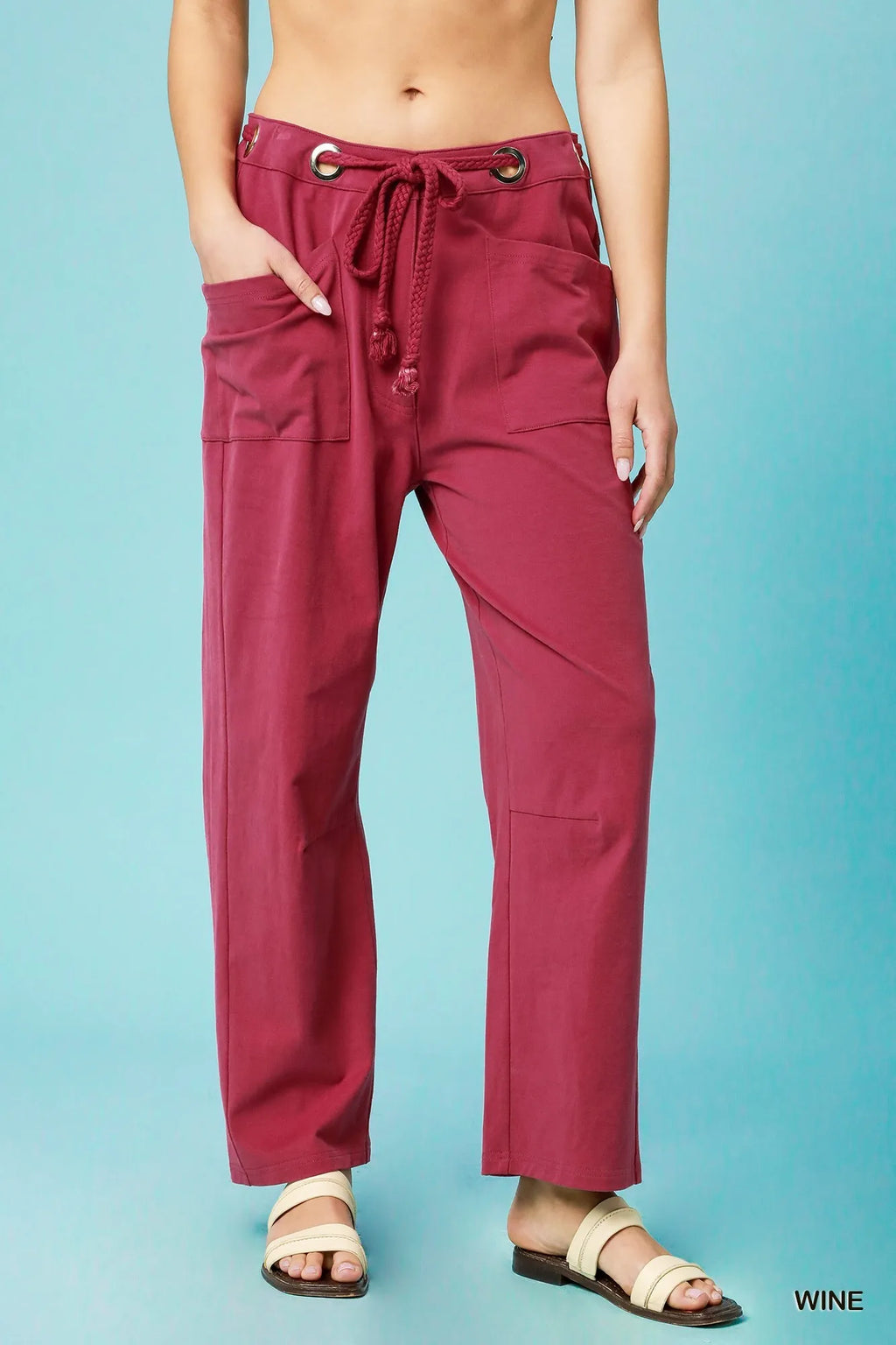 Umgee Wide Leg Cotton Pants Wine Red Drawstring Casual Pocketed WINE