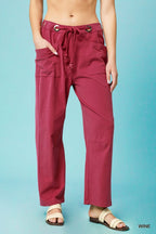 Umgee Wide Leg Cotton Pants Wine Red Drawstring Casual Pocketed WINE a4a5f657-5eb5-4daf-ac41-08585737f1a8-Max-Origin Trendsi