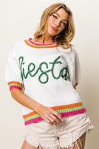 BiBi Sweater FIESTA Metallic Letter Embroidery Short Puff Sleeve Knit Top a4a676d2-b9d4-494a-ab24-226b63d079ec-Max Trendsi