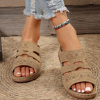 Open Toe Cutout Wedge Sandals with Low Heels, PU Leather and Rubber Materials, Imported