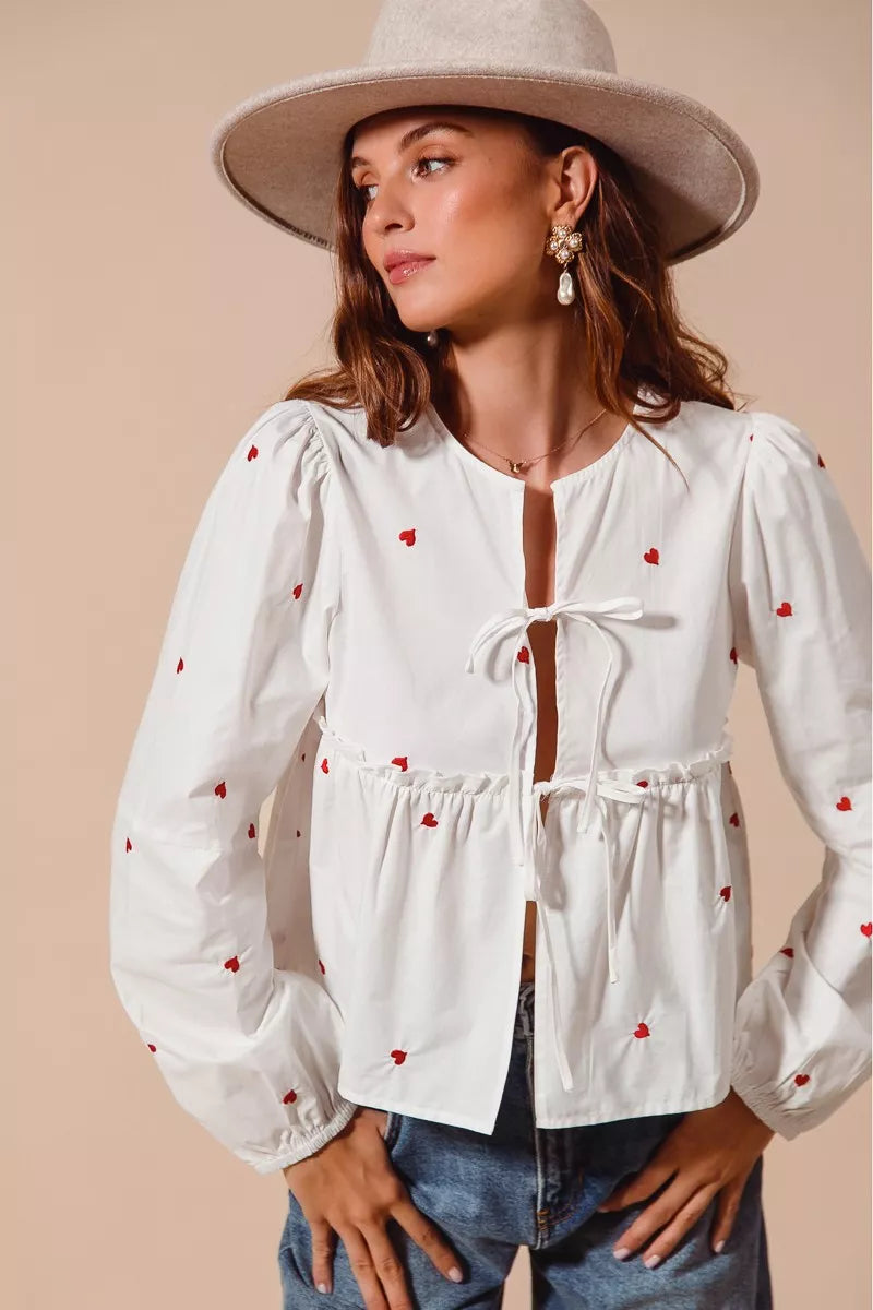 SO ME Women Blouse Front Tie Heart Embroidered Top With Puff Long Sleeve a4ac1d9dc2ea49c3a00b2b39f5644c69-Max-Origin Trendsi