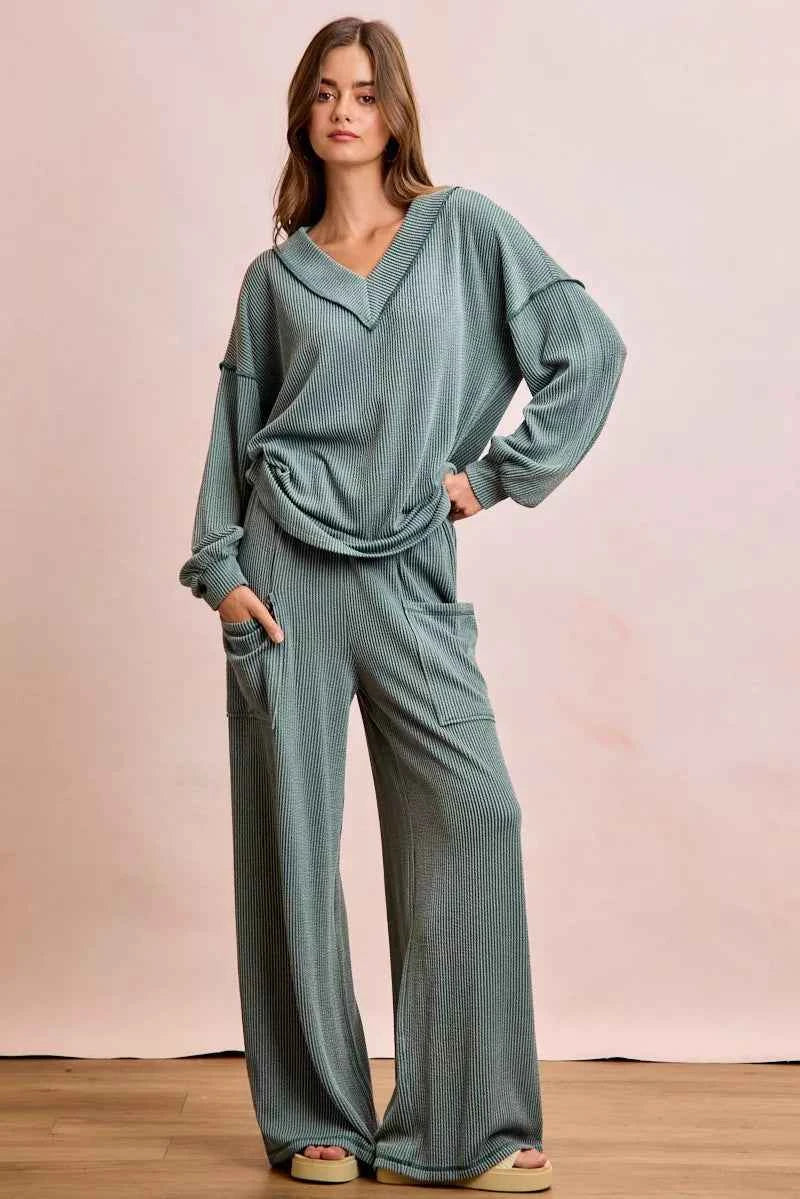 BiBi Outfit Set Dark Sage Cord Rib Contrast Stitching V-Neck Top and Pants a4b1f27eb4ce4898b3c67ed261008110-Max-Origin Trendsi