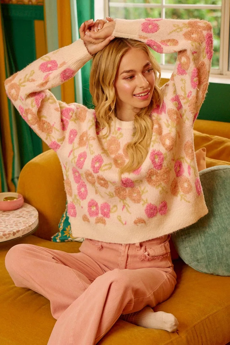 BiBi Womens Sweater Ivory Towel Texture Floral Pattern Knit Pullover a4b56e5062f845c2b728e3a426cb870a-Max-Origin Trendsi