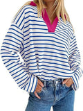 Striped Contrast Collar Long Sleeve Oversized Top with Slight Stretch, 95% Polyester and 5% Spandex