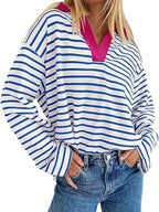 Striped Contrast Collar Long Sleeve Oversized Top with Slight Stretch, 95% Polyester and 5% Spandex