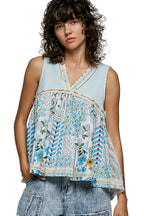 POL Floral V-Neck Sheer Tank Top with Lace Trim