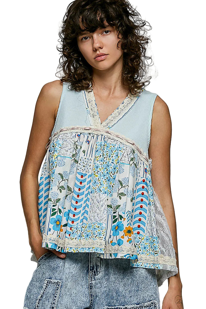 POL Floral V-Neck Sheer Tank Top with Lace Trim