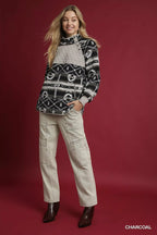 Umgee Womens Sweater Black Aztec Print Sherpa High Neck Snap Pullover a4cef9fa-7cfc-4831-96f6-743e2712868a-Max-Origin Trendsi