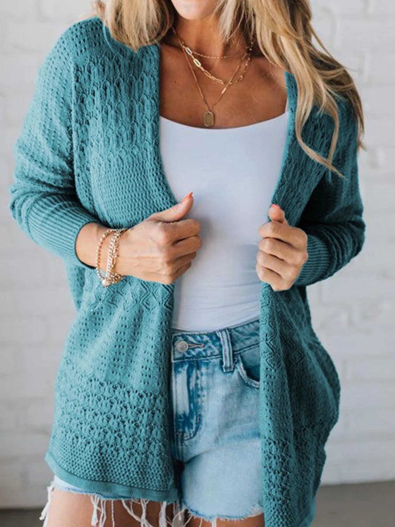 Women's Cardigan Open Front Knitted with Eyelet Details Long Sleeve Teal a4d5aa0b-25c2-413c-b7ef-a7223f3b16c3-Max-Origin Trendsi