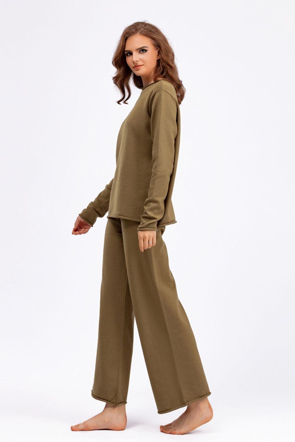 Basic Bae Outfit Sweater Set Rolled Edges Round Neck Long Sleeve Top Pants