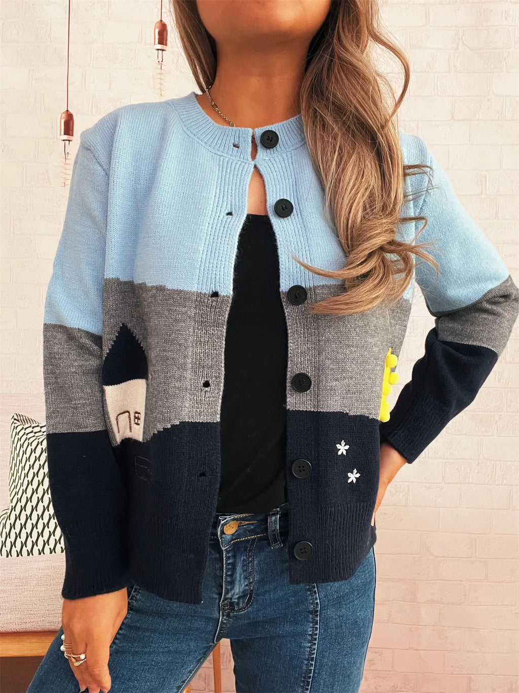 Women's Cardigan Color Block Stripe Button-Up Knit Round Neck Sweater a4e56a752cea4e6c9c46e9f5aa4f7987-Max-Origin Trendsi