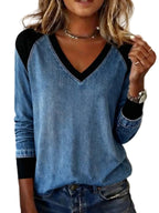 Plus Size Full-Length Patchwork V-Neck Long Sleeve Blouse