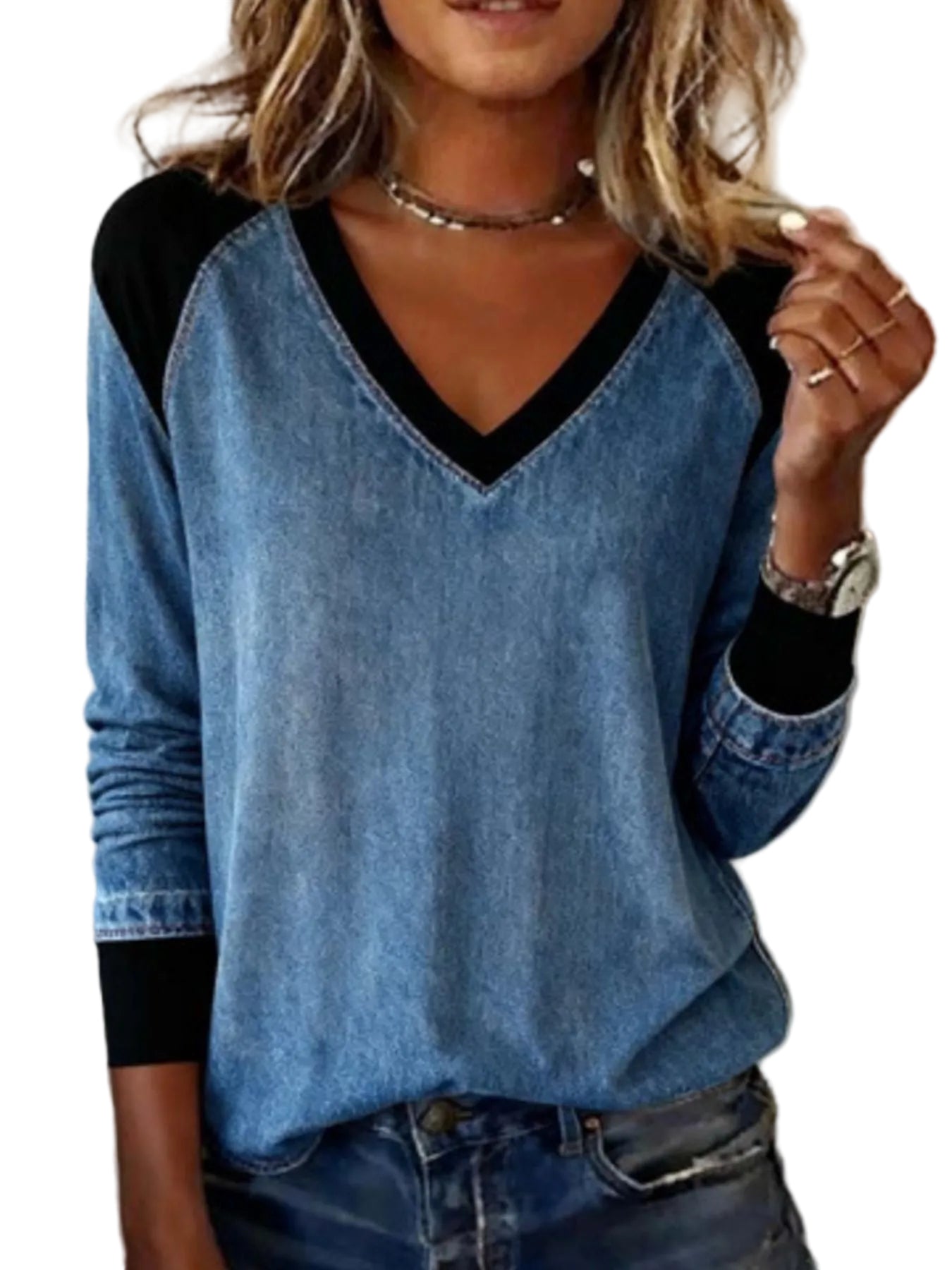 Plus Size Full-Length Patchwork V-Neck Long Sleeve Blouse