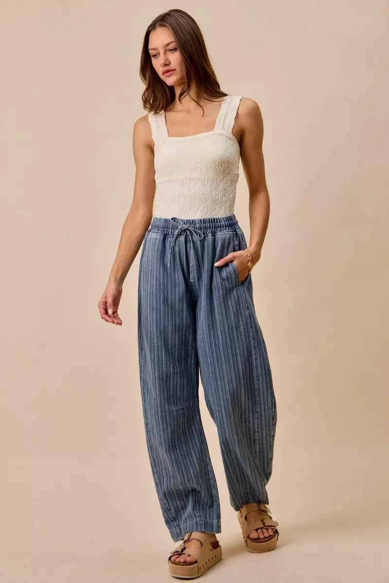 SO ME Stripe Denim Barrel Jeans Drawstring Waistband