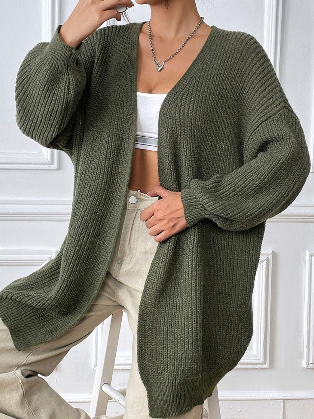 Army Green Cardigan Open Front Long Sleeve Knitwear a4f7182a-8aaf-4e6a-89d0-d3dcfc39528e-Max Trendsi