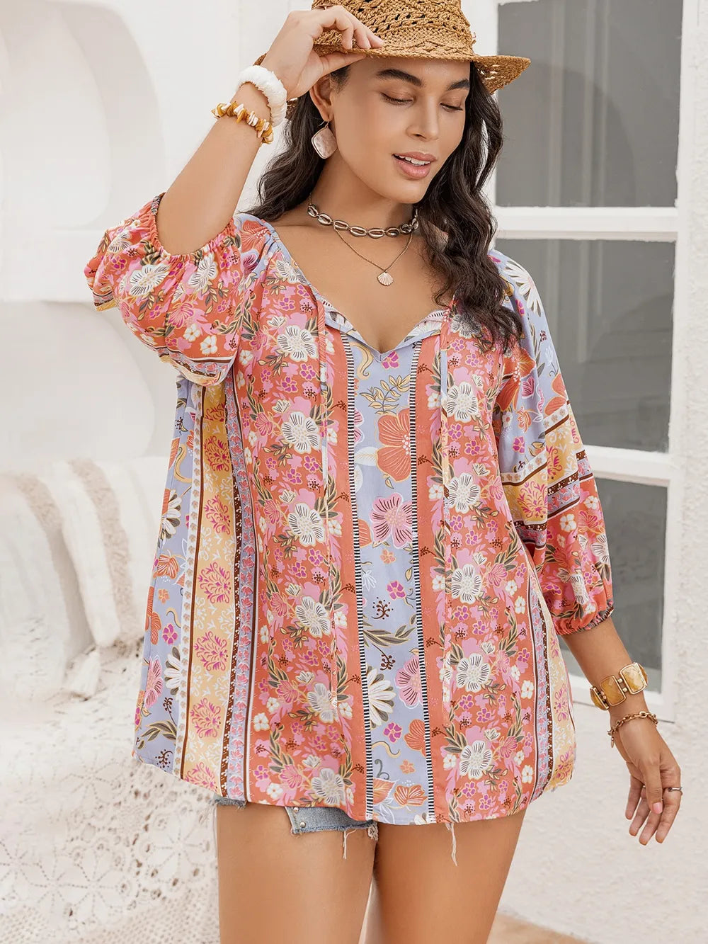 Plus Size Printed Blouse with Tie Neck and Balloon Sleeves