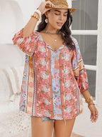 Plus Size Printed Blouse with Tie Neck and Balloon Sleeves