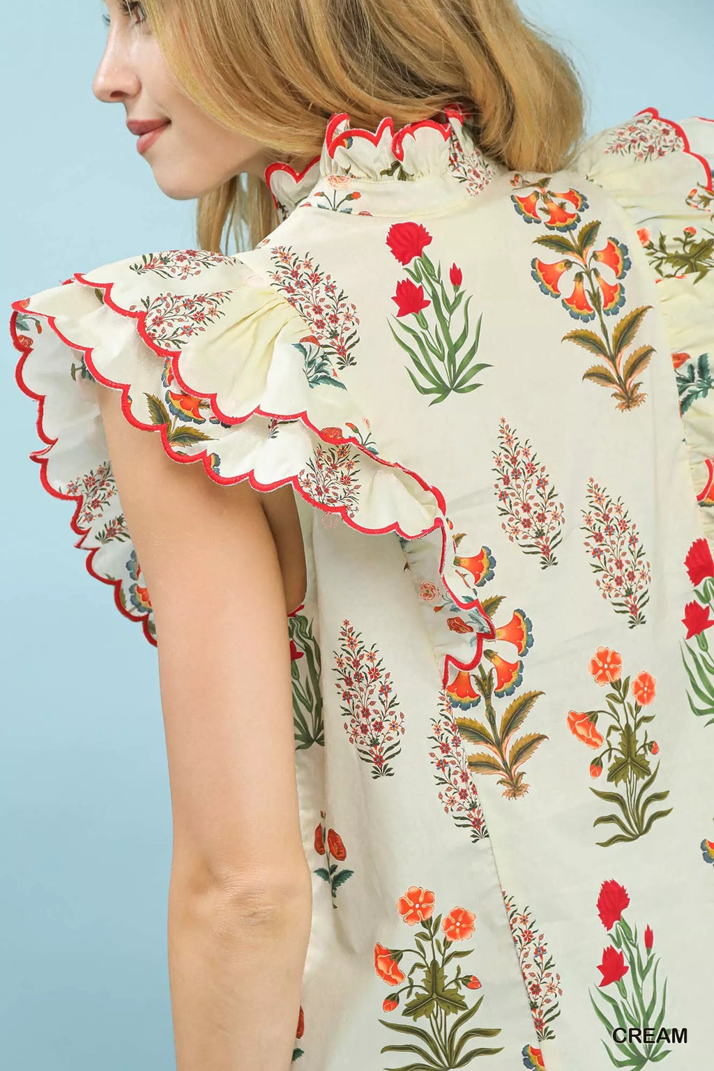 Umgee Womens Rufle Blouse Cream Block Floral Print Top Short Sleeve a4fdf567-fdcf-49de-817c-ad653a5fb33e-Max-Origin Trendsi