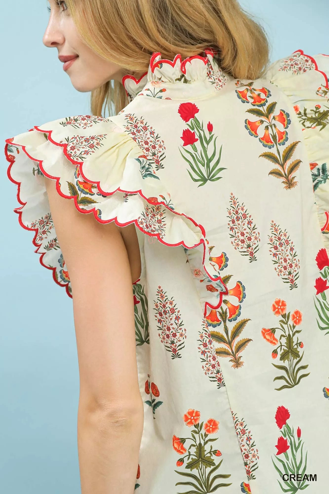 Umgee Womens Rufle Blouse Cream Block Floral Print Top Short Sleeve a4fdf567-fdcf-49de-817c-ad653a5fb33e-Max-Origin Trendsi