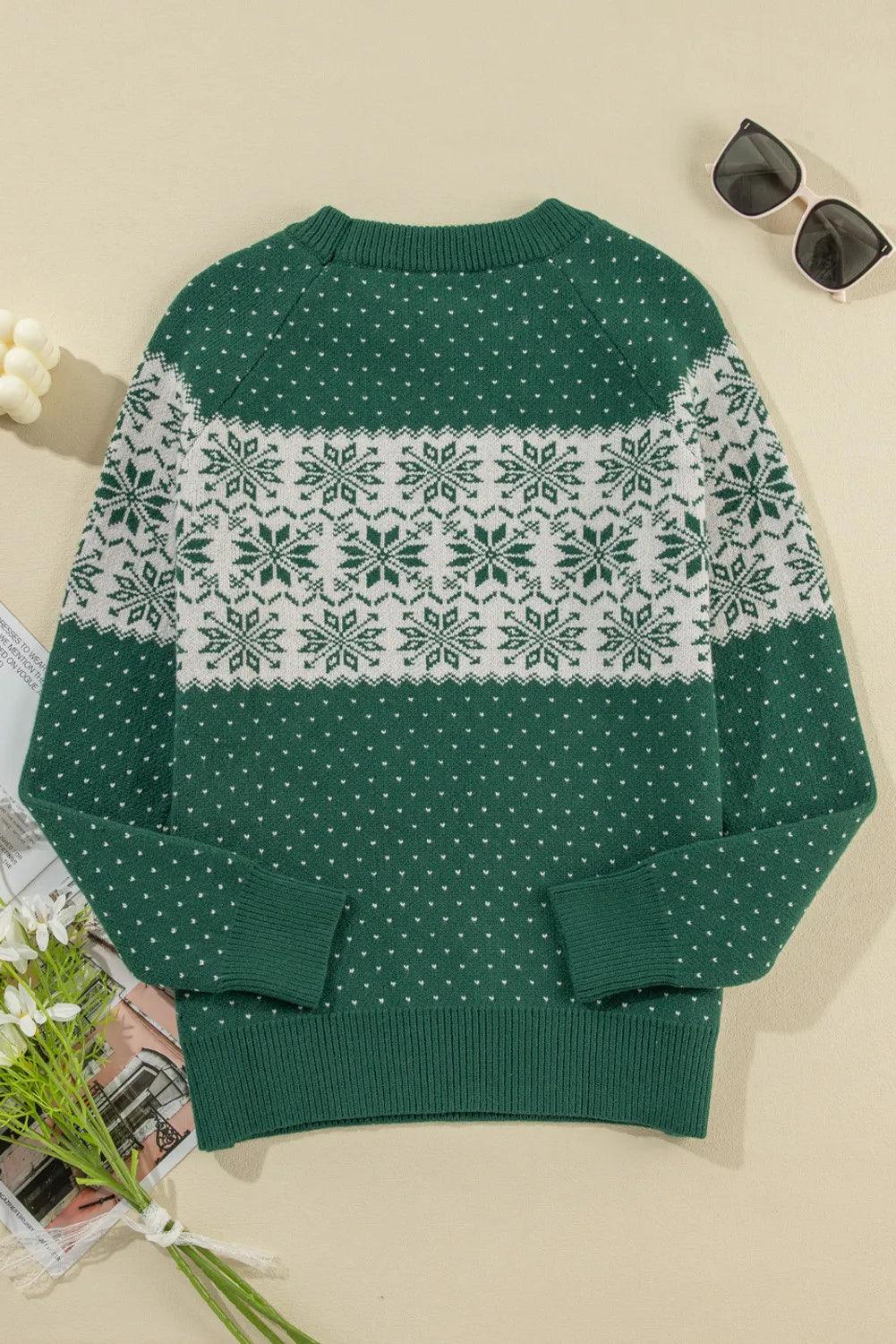 Green Sweater Christmas Graphic Round Neck Long Sleeve Pullover