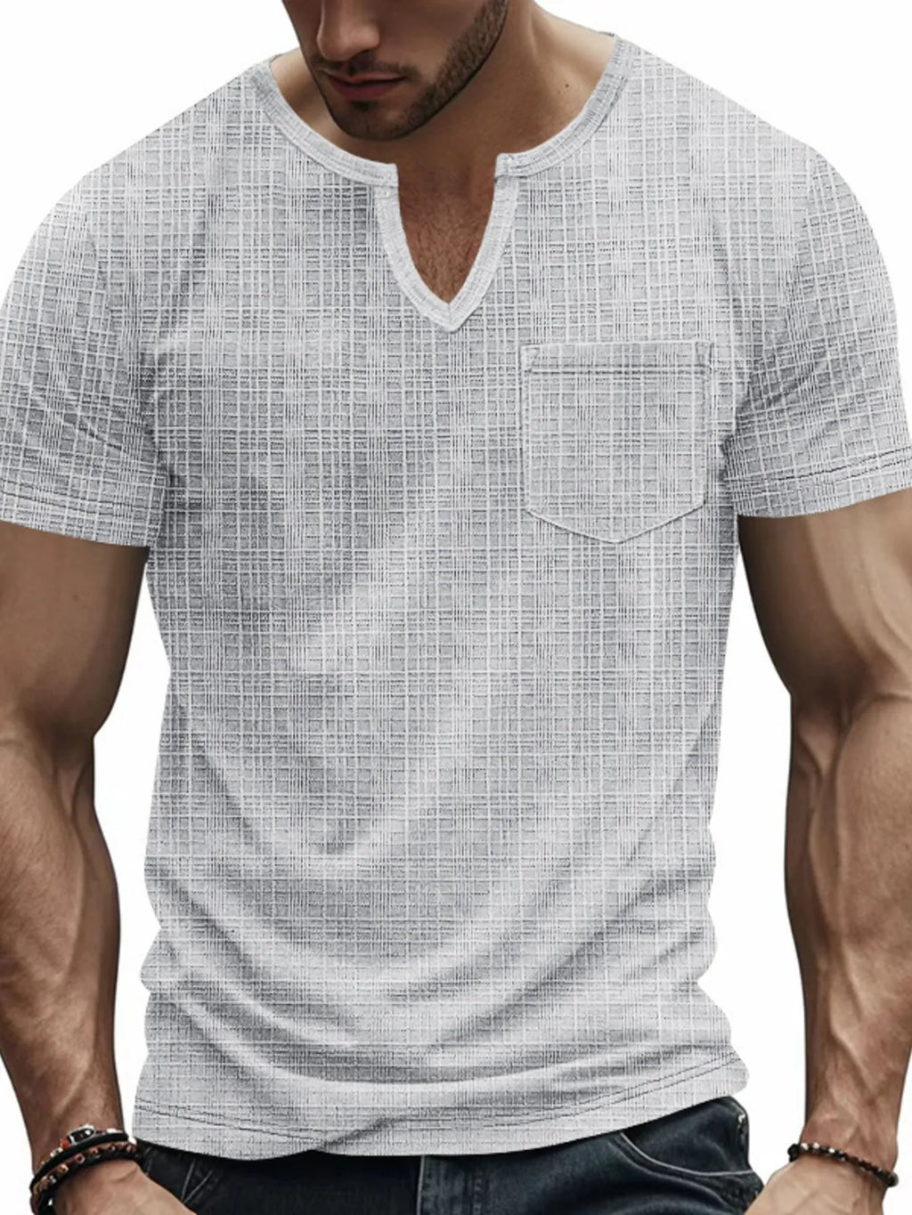 Men's T-Shirt Textured Notched Short Sleeve Pocketed Summer Top Light Gray a510d76cd237436fa09559a50a6ff815-Max-Origin Trendsi