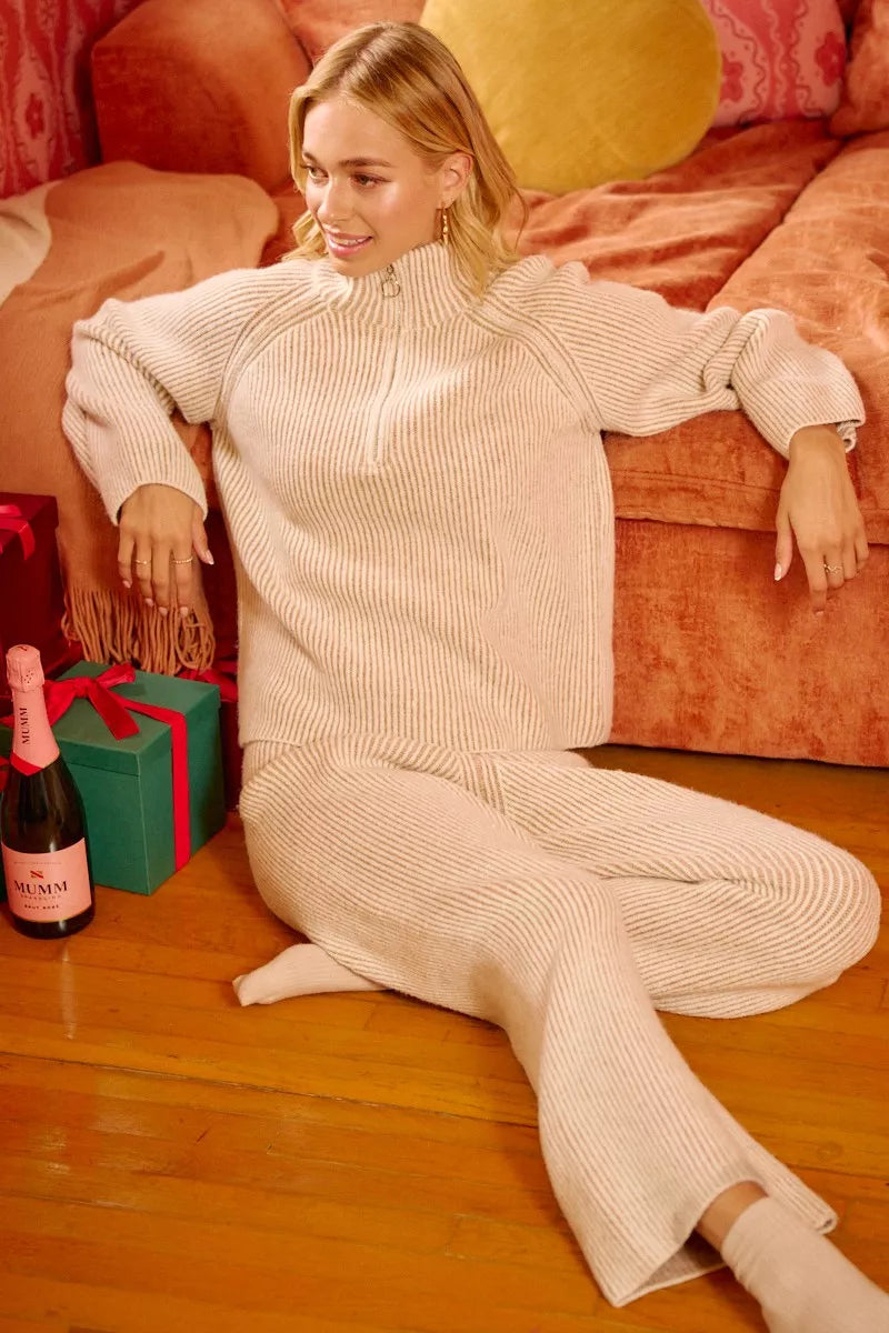 BiBi Womens Knit Top Taupe Two Tone Rib Texured with Zip Up Collared Sweater a510f86d77884a02b184bc8cf34bf7f0-Max-Origin Trendsi