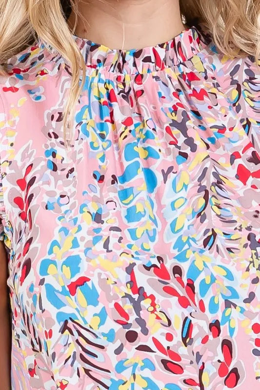 Lime 'N' Chili Top Floral Pink Graphic Print Ruffle Trim Mock Neck Sleeveless