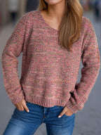 Heathered Colorful Sweater V-Neck Long Sleeve Basic Style Pullover a526c79f-14e8-4beb-bd5b-913be50fb2f6-Max Trendsi
