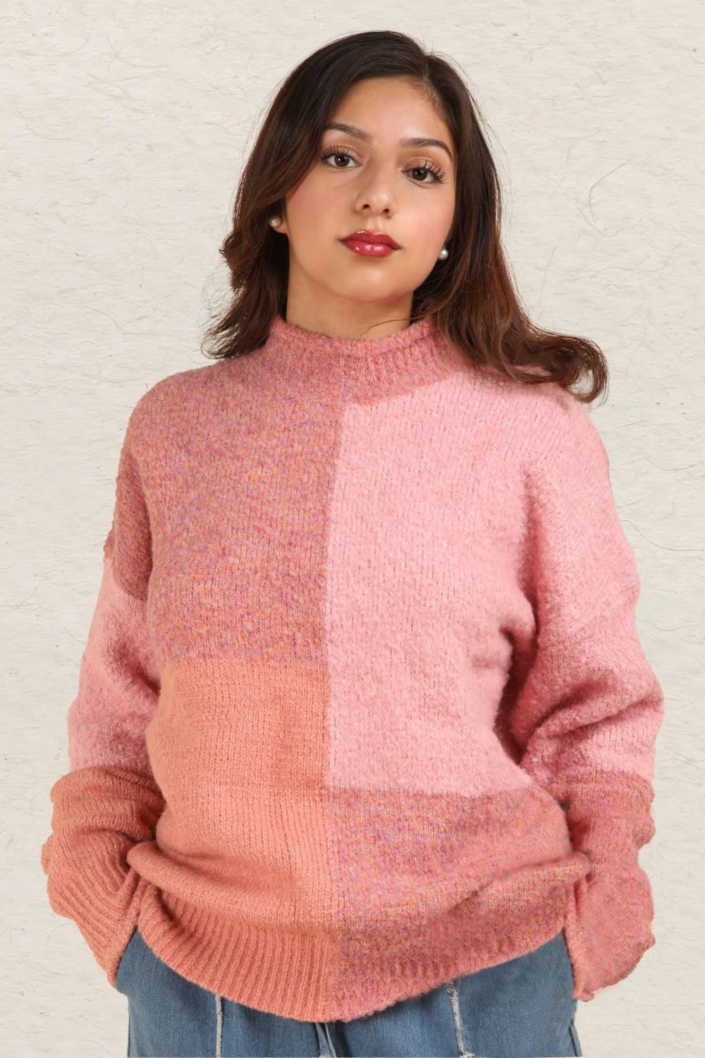 US VERY J Sweater Color Block Mock Neck Drop Shoulder Pink