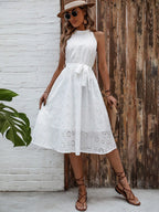 Midi Dress White Chrochet Lace Eyelet Grecian Neck Belted Tie Waist a52928bf-706d-4323-b7b1-6ec4b3b7081c-Max Trendsi