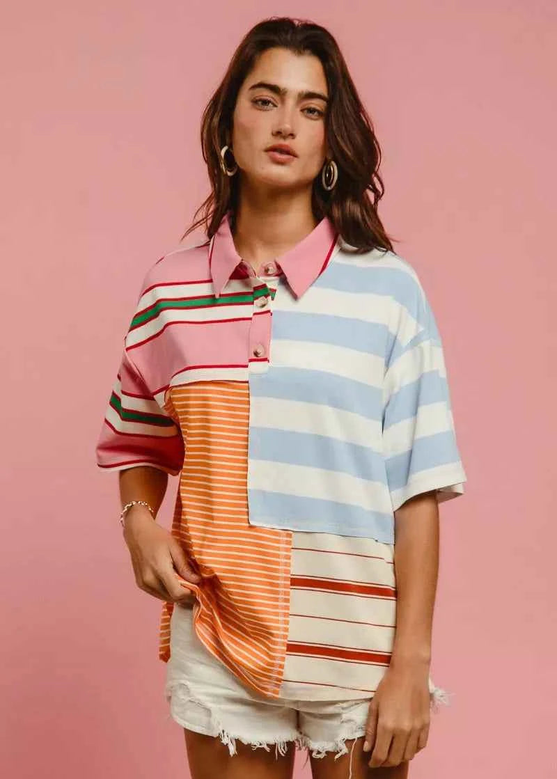 BiBi Women Shirt Mix And Match Stripe Color Block Short Sleeve Top PINK PERI ORG OAT a52f1d87c98c4e7f95454bdc977ddfbe-Max-Origin Trendsi