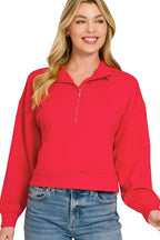 Zenana Women's Ruby Red Scuba Half-Zip Pullover Sweatshirt with Kangaroo Pockets