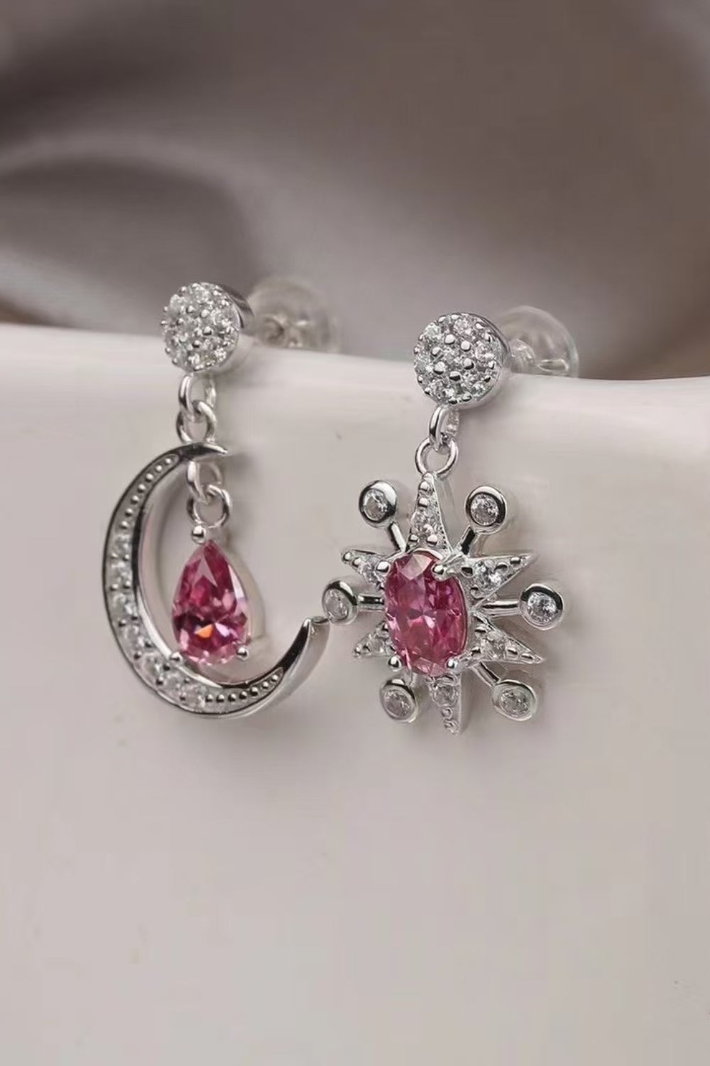 2 Carat Moissanite  Moon & Star Earrings Deep Rose Stone 925 Sterling Silver