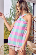 BiBi Tank Top Cotton Multi Color Plaid Brushed Neck a53a52605fe64c3aada42c0c00367c1f-Max-Origin Trendsi