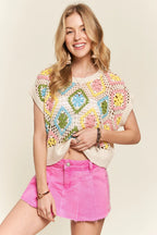 ADORA Crochet Top Beige Floral Multicolor Diamond Knit Short Sleeve NATURAL a541278fb94745d8b9d2cd73f1f28144-Max-Origin Trendsi