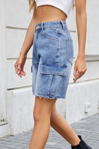 Cargo Shorts Denim Women's Raw Hem Medium Washed Pocketed Bermuda a545925b-b220-458a-86e1-8c9301bb9418-Min Trendsi