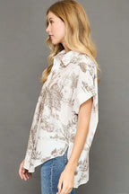 Umgee Shirt Khaki Two Tone Print Short Sleeve Cotton Top a555fef9-5307-480a-9fd7-42063896394a-Max-Origin Trendsi
