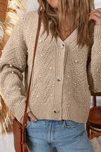 Sweater Women's Cardigan Pearl Embellished Button Front V Neck Khaki a556d886-bda6-429e-867d-43957073cfc6-Max-Origin Trendsi